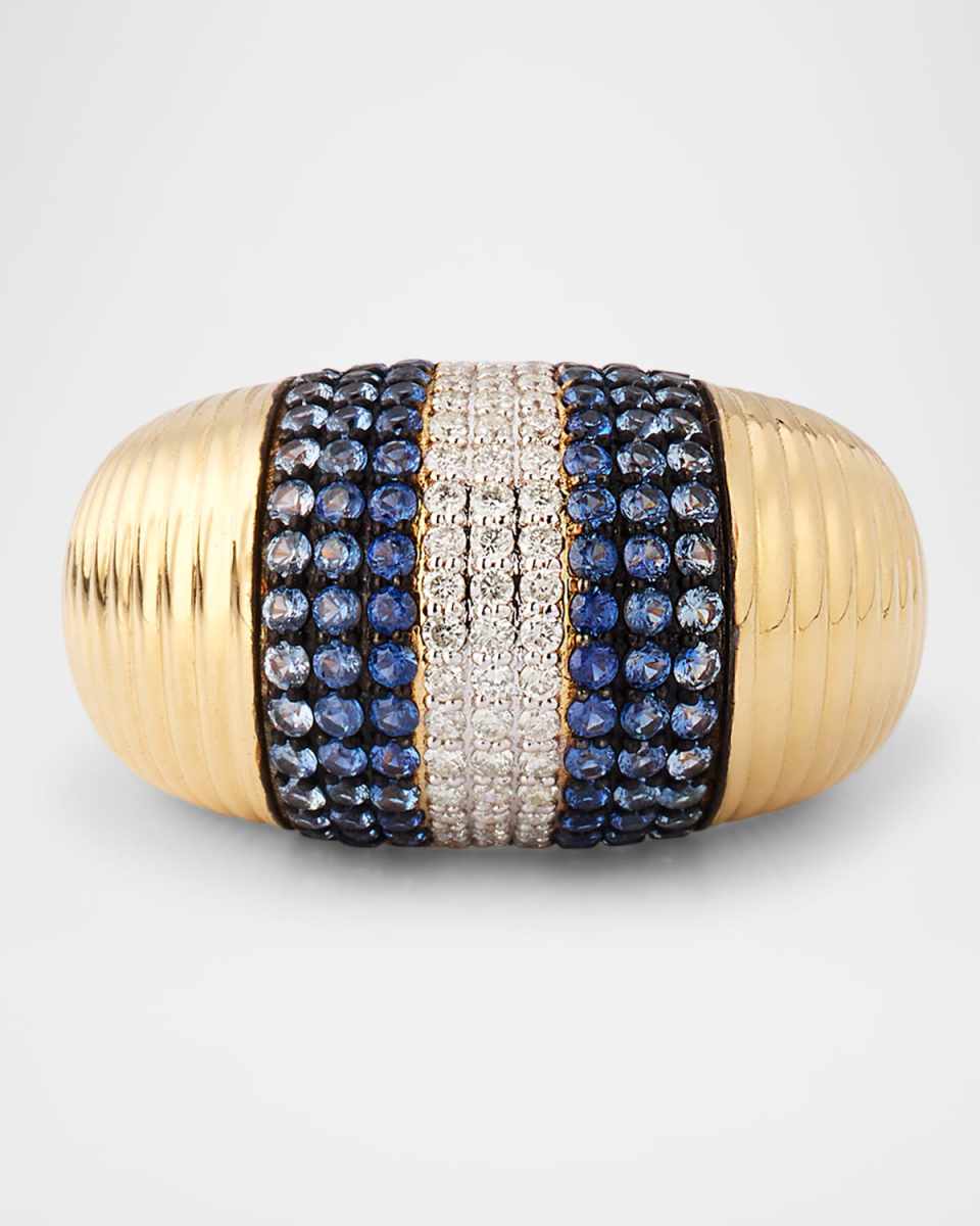 14K Yellow Gold Scallop Diamond and Sapphire Statement Ring, Size